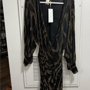 Camila Coelho Black and Gold Sheath Dress with Bishop Sleeves